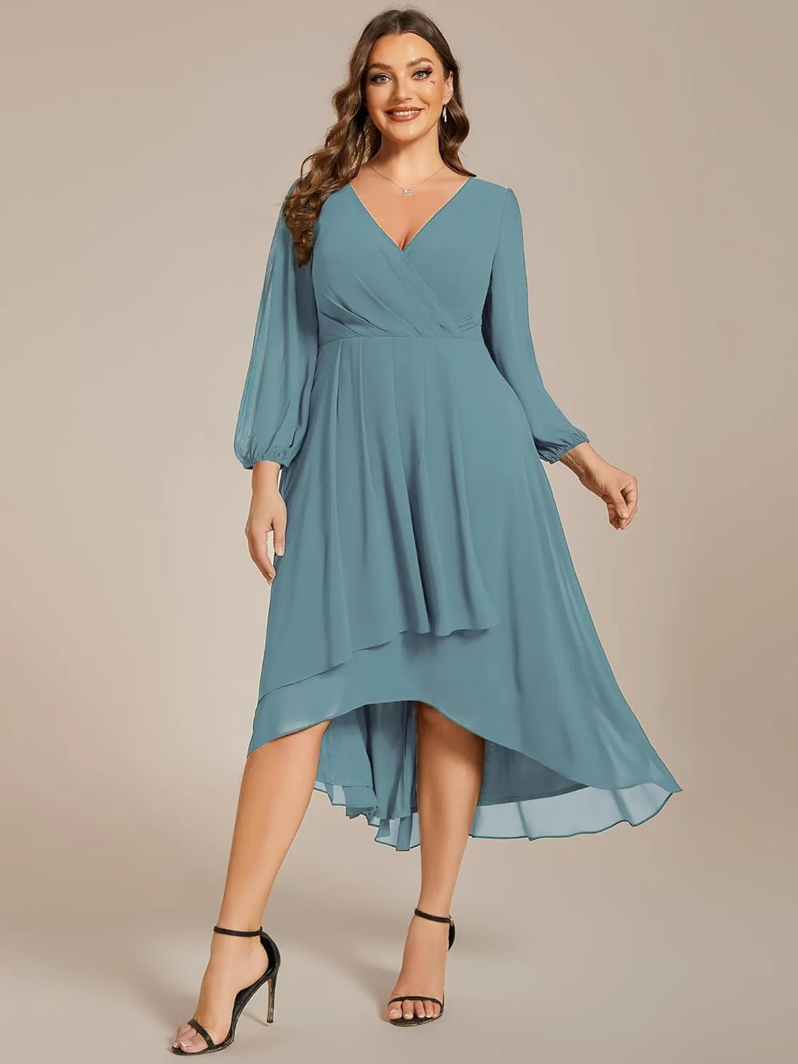 Ever-Pretty Women's A Line Pleated V Neck Chiffon 3/4 Sleeves Midi Plus Size Wedding Guest Dresses 01926-DA