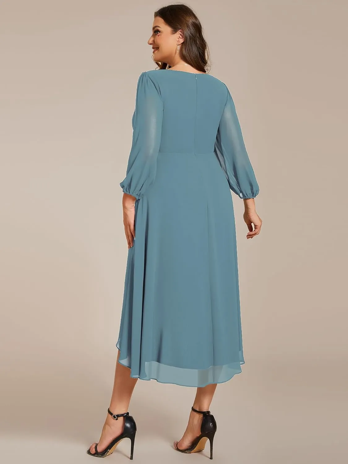 Ever-Pretty Women's A Line Pleated V Neck Chiffon 3/4 Sleeves Midi Plus Size Wedding Guest Dresses 01926-DA