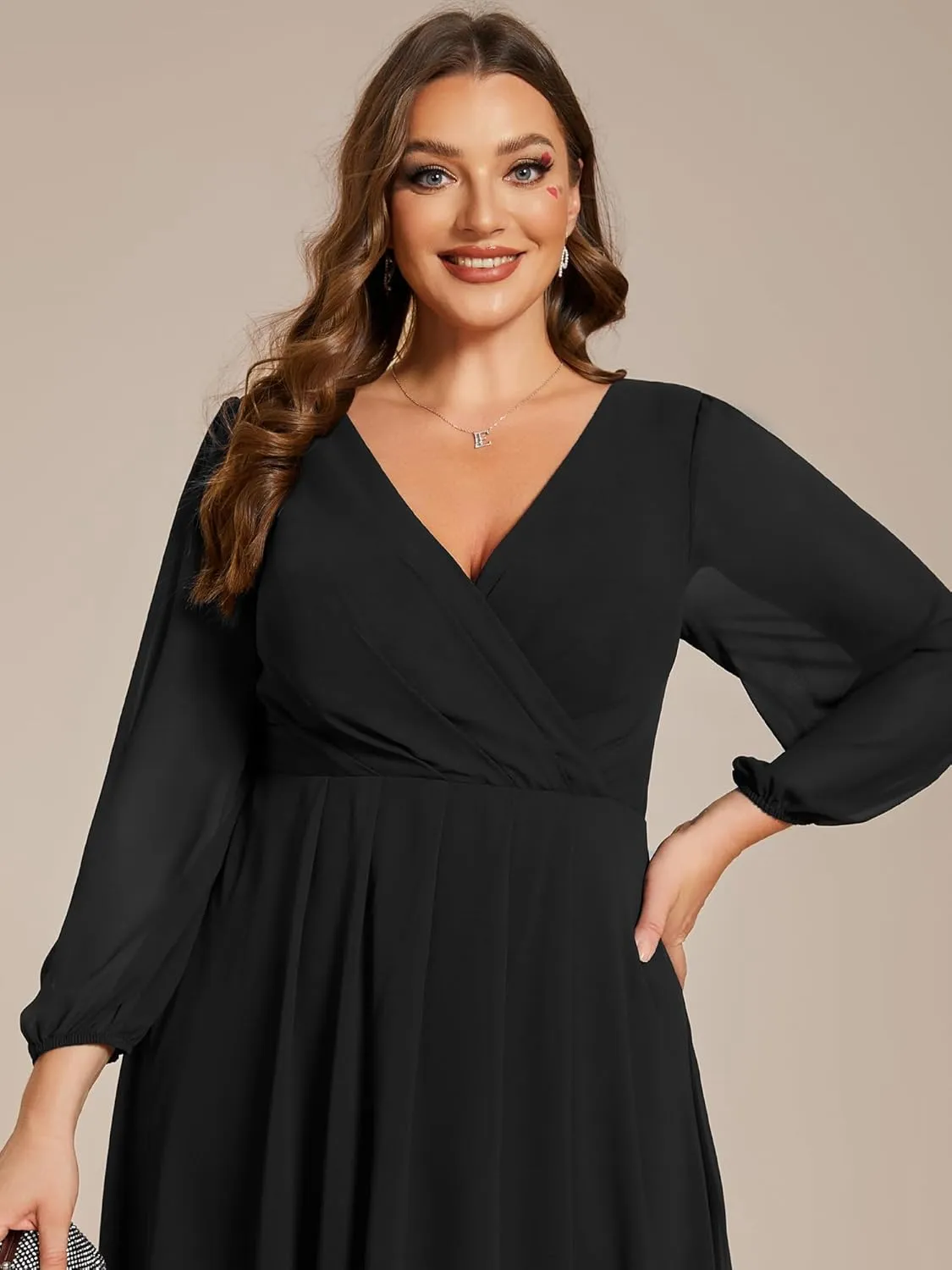 Ever-Pretty Women's A Line Pleated V Neck Chiffon 3/4 Sleeves Midi Plus Size Wedding Guest Dresses 01926-DA