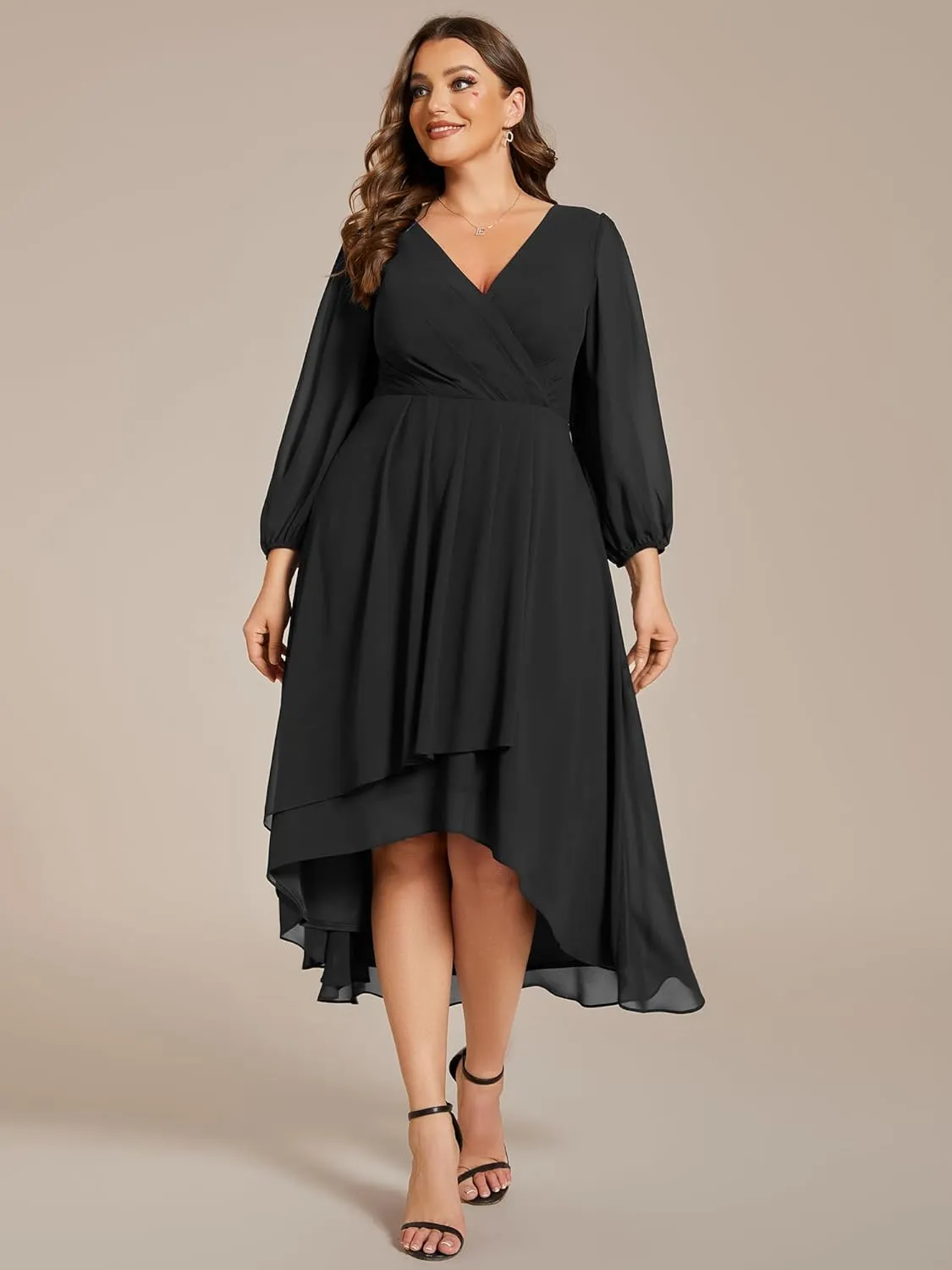 Ever-Pretty Women's A Line Pleated V Neck Chiffon 3/4 Sleeves Midi Plus Size Wedding Guest Dresses 01926-DA