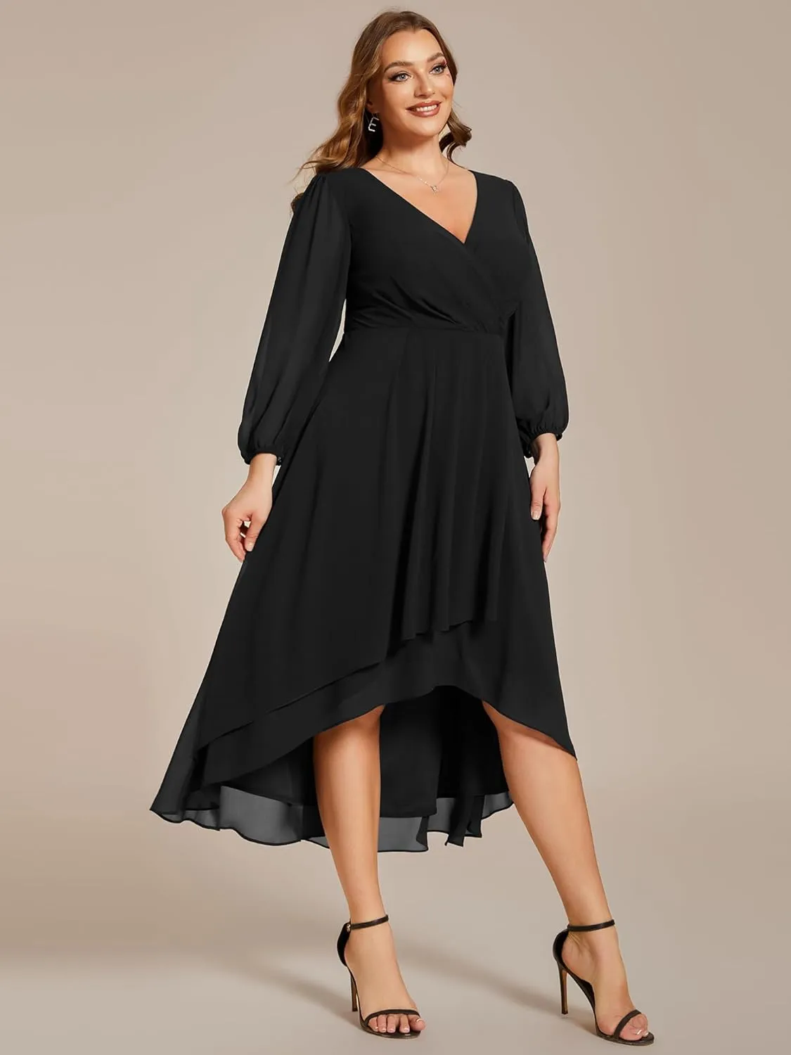 Ever-Pretty Women's A Line Pleated V Neck Chiffon 3/4 Sleeves Midi Plus Size Wedding Guest Dresses 01926-DA