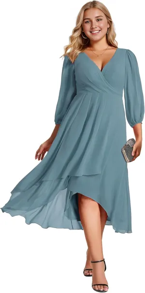 Ever-Pretty Women's A Line Pleated V Neck Chiffon 3/4 Sleeves Midi Plus Size Wedding Guest Dresses 01926-DA