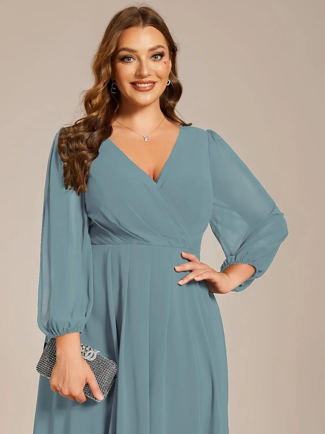 Ever-Pretty Women's A Line Pleated V Neck Chiffon 3/4 Sleeves Midi Plus Size Wedding Guest Dresses 01926-DA