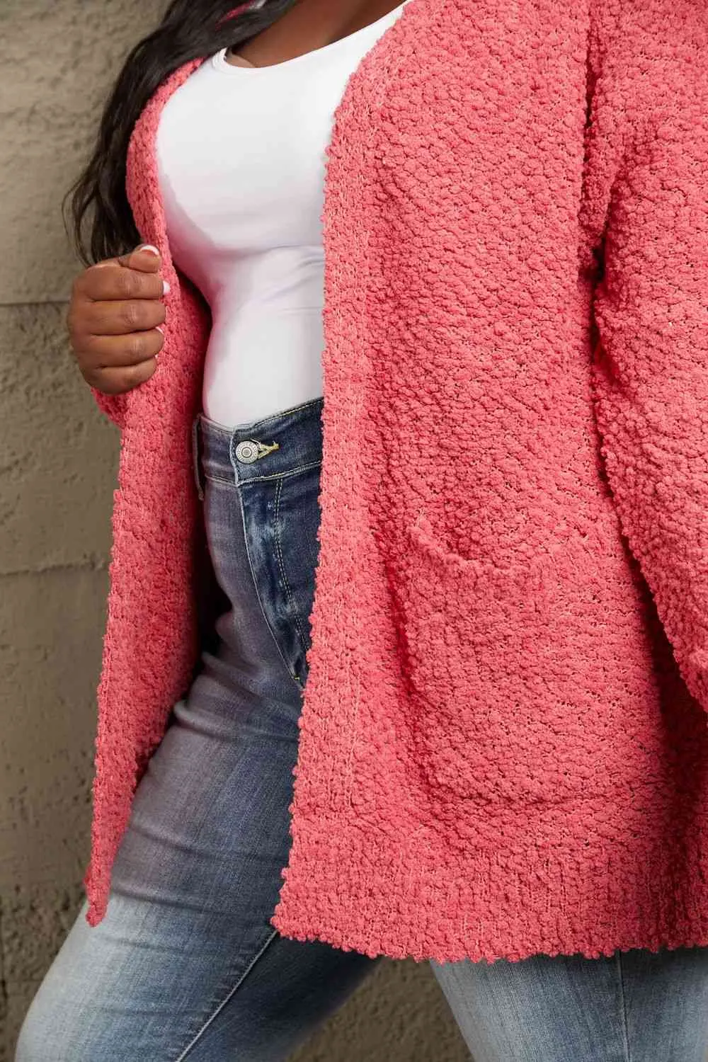 Falling For You Full Size Open Front Popcorn Cardigan