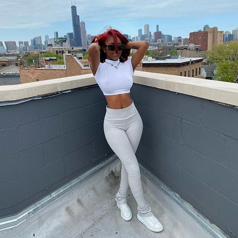 Fashion Solid Ruched Stacked High Waist  Casual Sweatpants