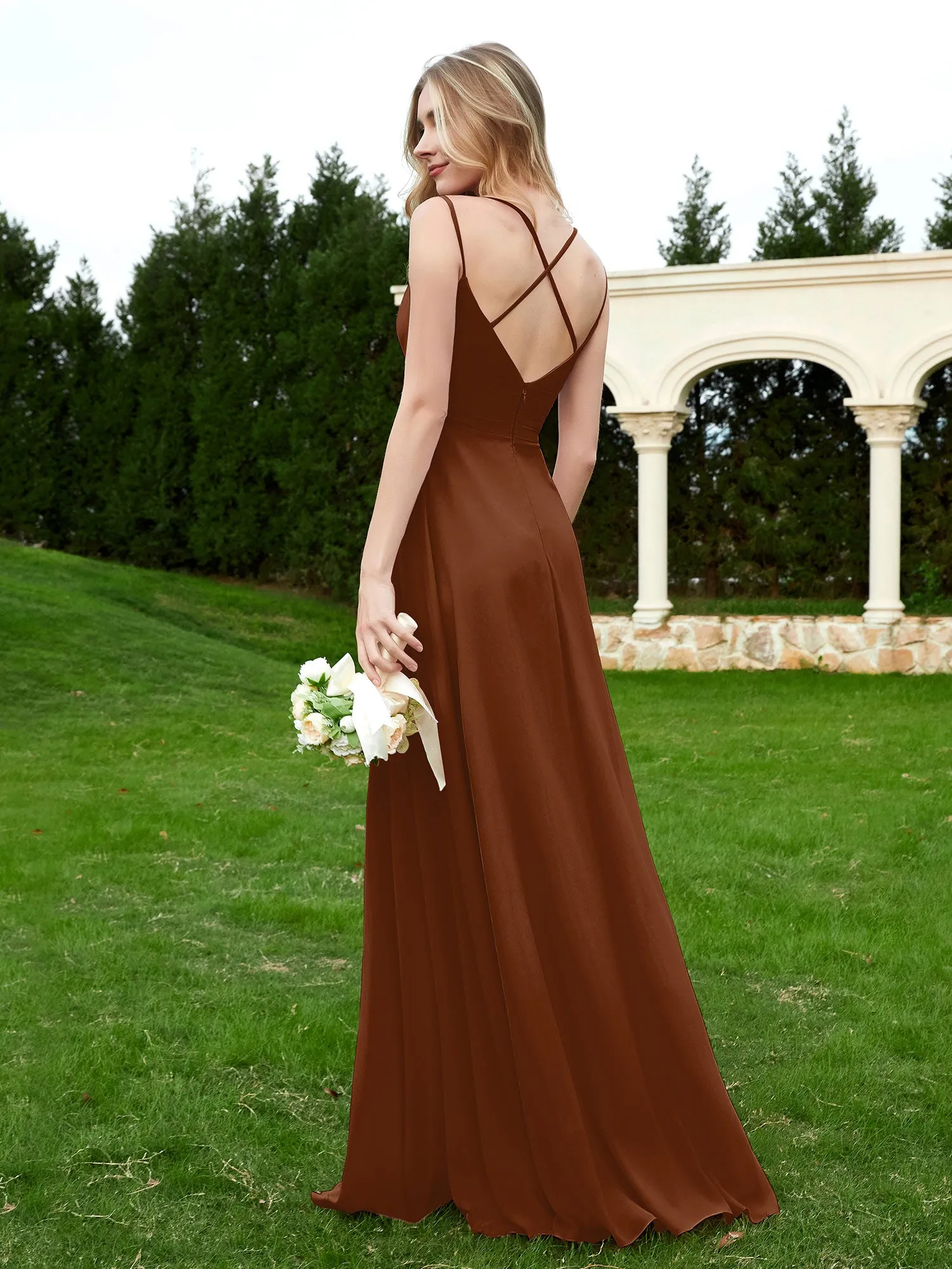 Floor Length V Neck Chiffon Bridesmaid Gown Terracotta