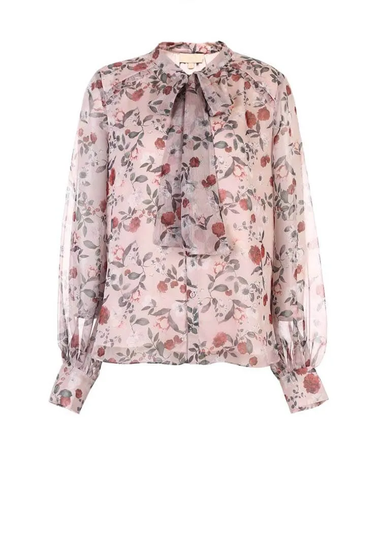 Floral Mosaic Lantern Sleeves Chiffon Blouse
