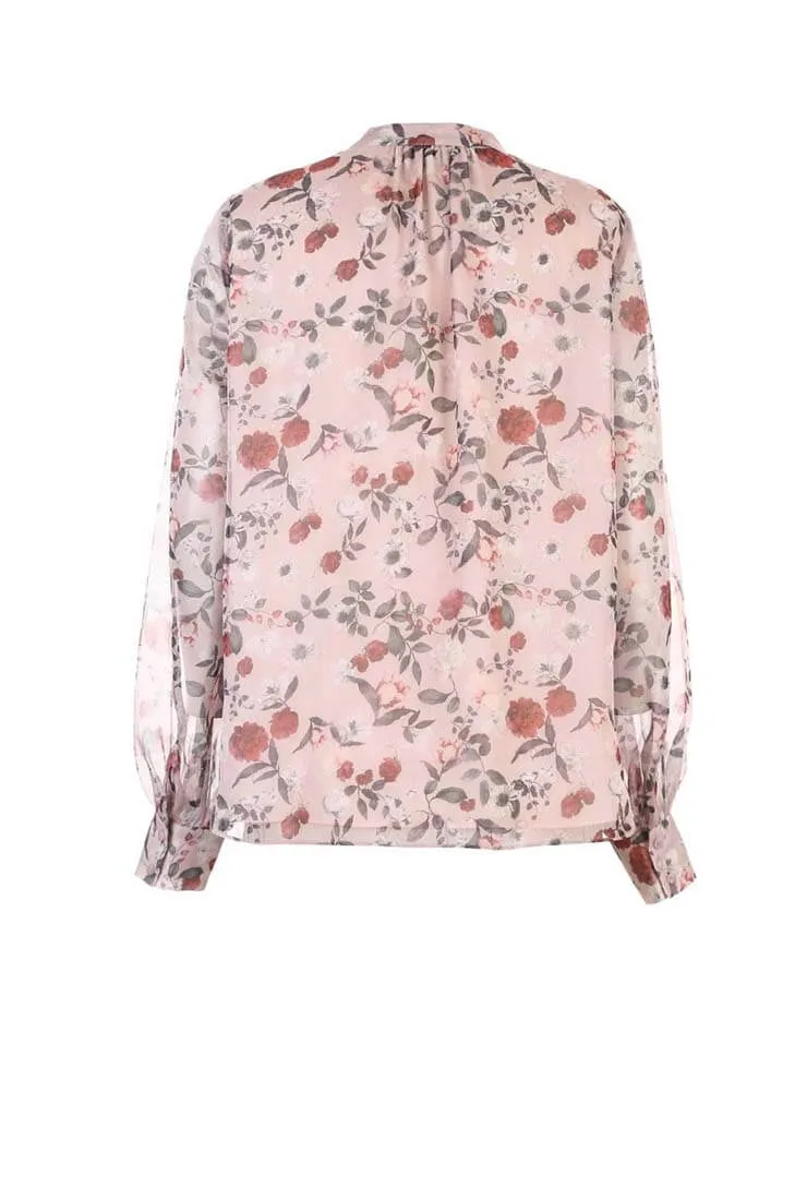 Floral Mosaic Lantern Sleeves Chiffon Blouse