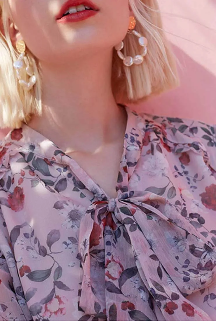 Floral Mosaic Lantern Sleeves Chiffon Blouse