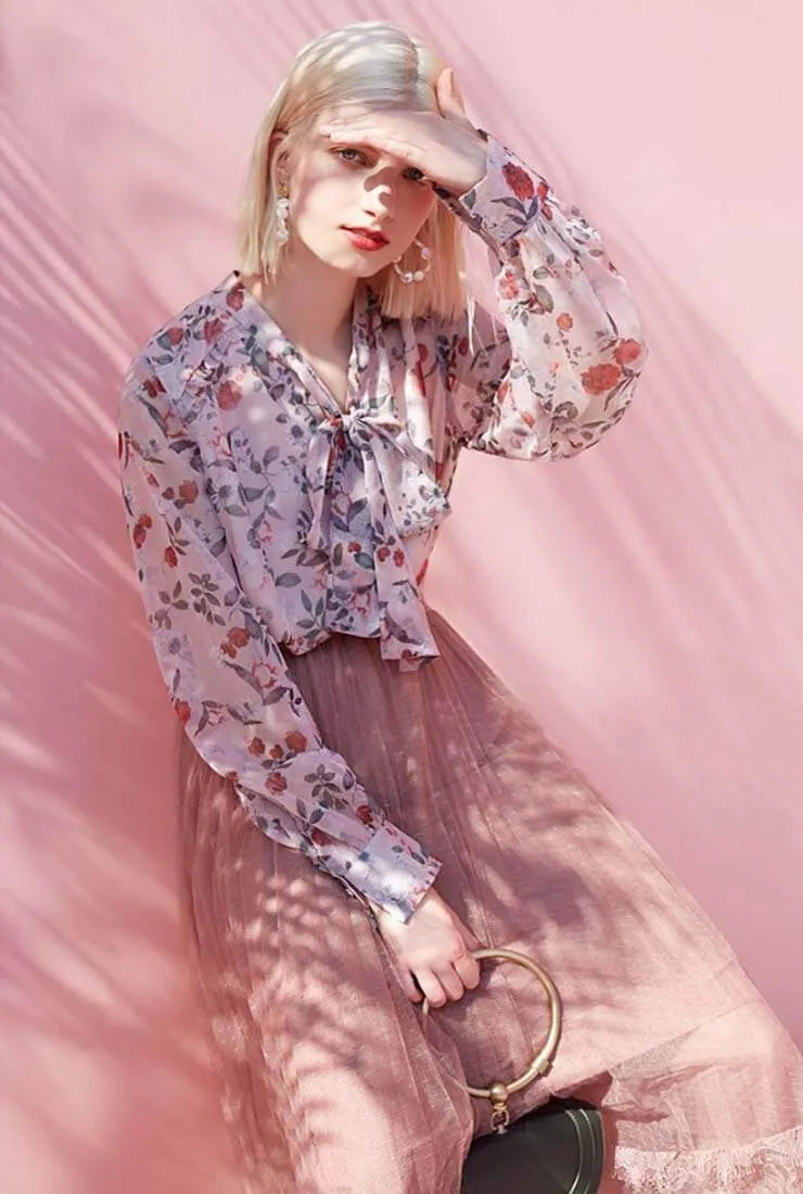 Floral Mosaic Lantern Sleeves Chiffon Blouse