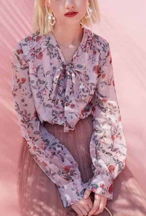 Floral Mosaic Lantern Sleeves Chiffon Blouse