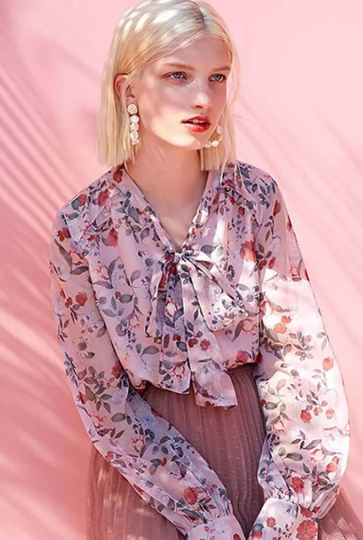 Floral Mosaic Lantern Sleeves Chiffon Blouse