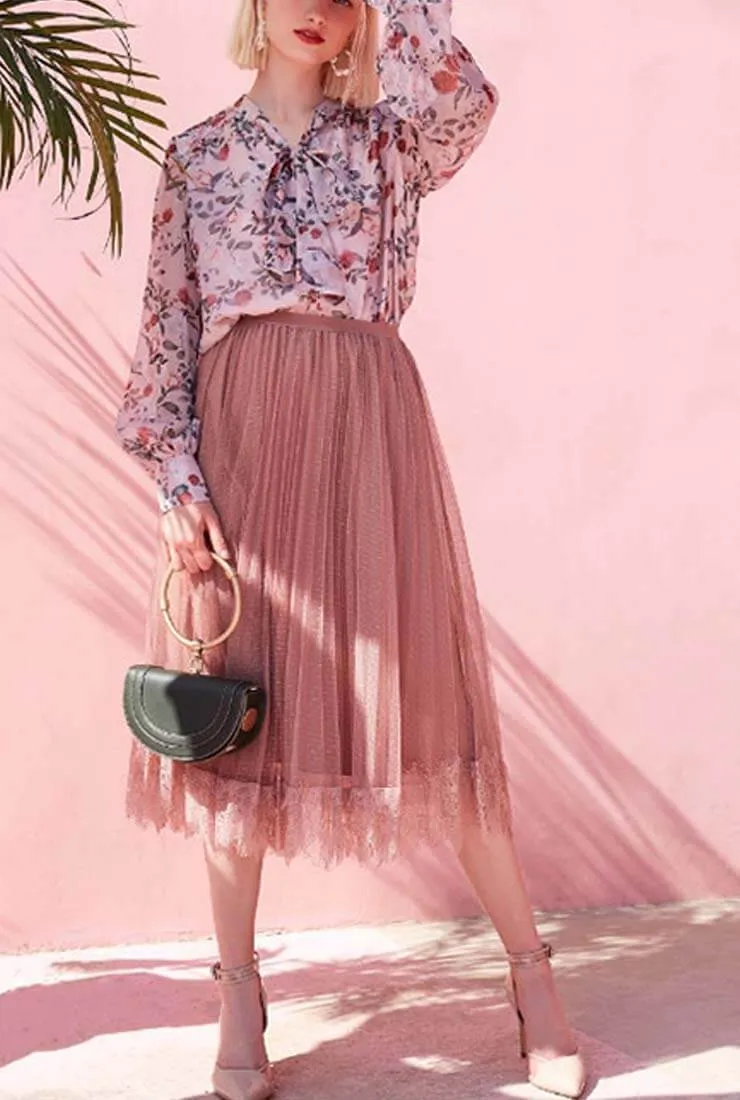 Floral Mosaic Lantern Sleeves Chiffon Blouse