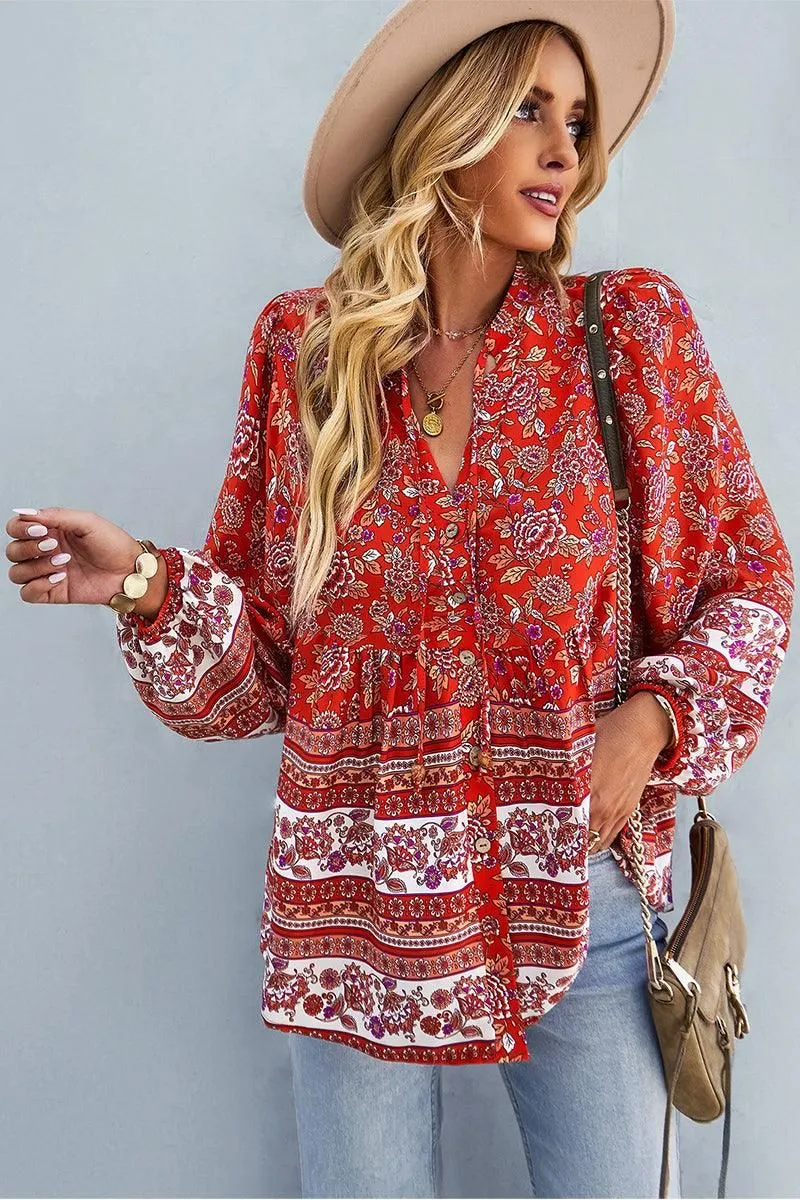 FLORAL PATTERNED BUTTON DOWN TUNIC SHIRTS