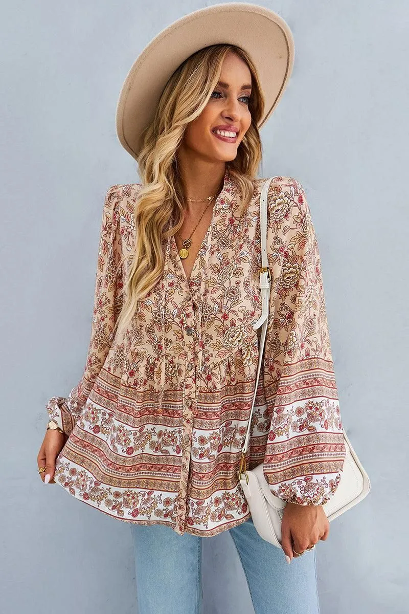 FLORAL PATTERNED BUTTON DOWN TUNIC SHIRTS