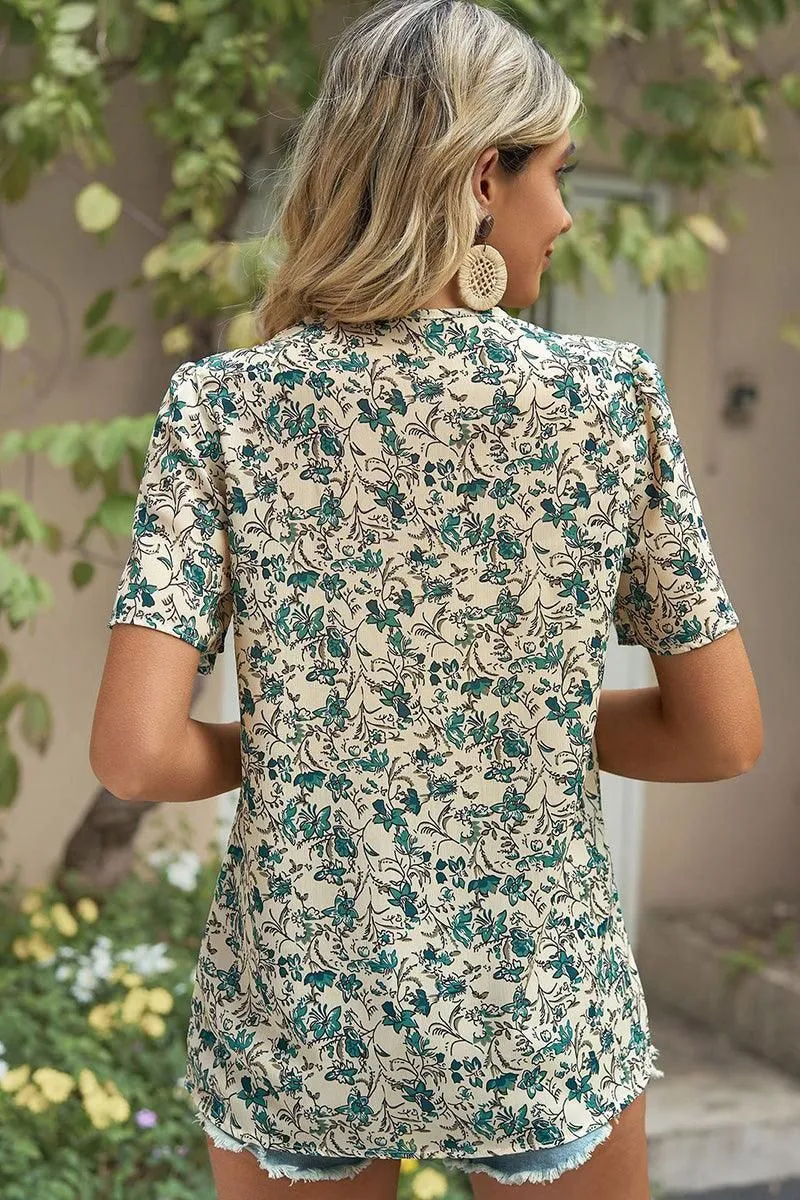 FLORAL V LACE POINT NECK CHIFFON BLOUSE