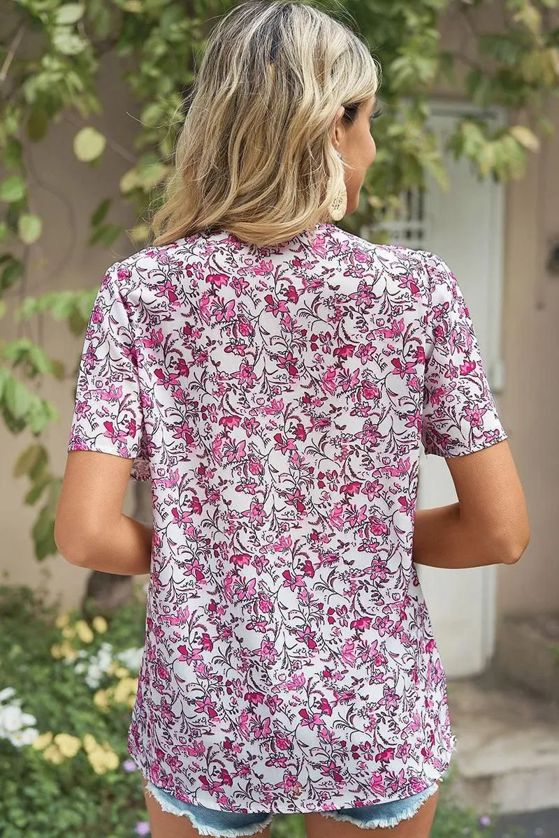 FLORAL V LACE POINT NECK CHIFFON BLOUSE