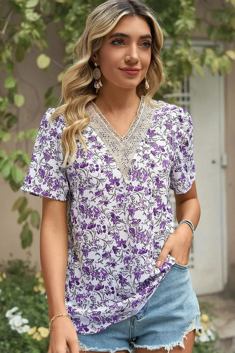 FLORAL V LACE POINT NECK CHIFFON BLOUSE