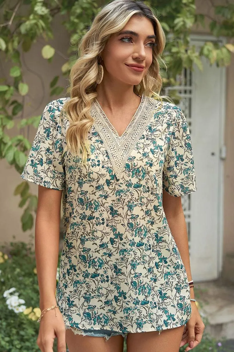 FLORAL V LACE POINT NECK CHIFFON BLOUSE