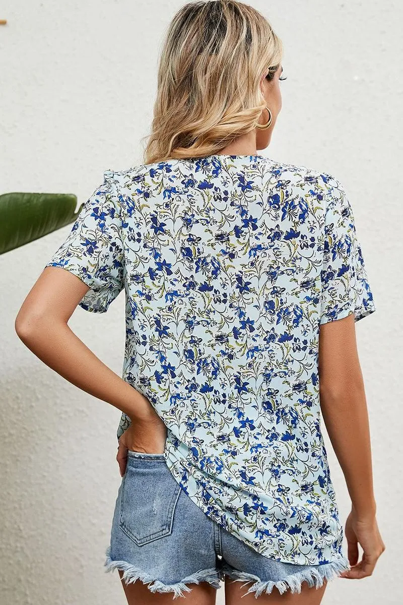 FLORAL V LACE POINT NECK CHIFFON BLOUSE
