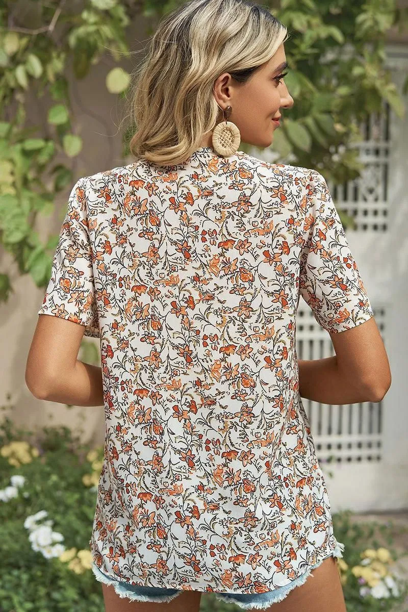 FLORAL V LACE POINT NECK CHIFFON BLOUSE
