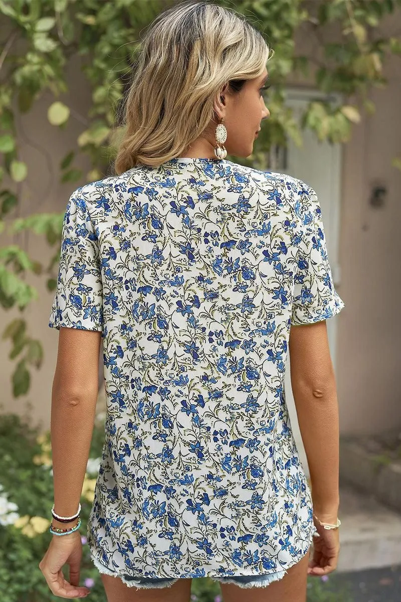 FLORAL V LACE POINT NECK CHIFFON BLOUSE