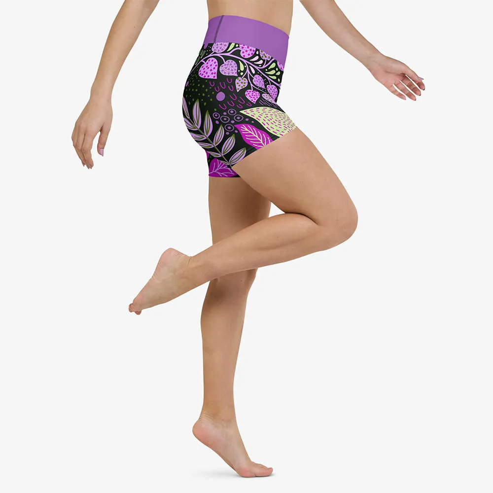 Floral Yoga Shorts "Fairy Forest" Purple/Lime