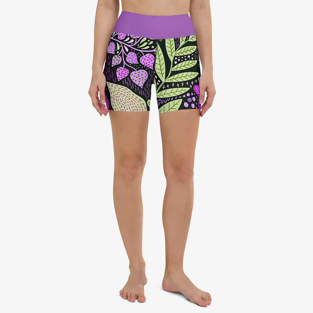 Floral Yoga Shorts "Fairy Forest" Purple/Lime