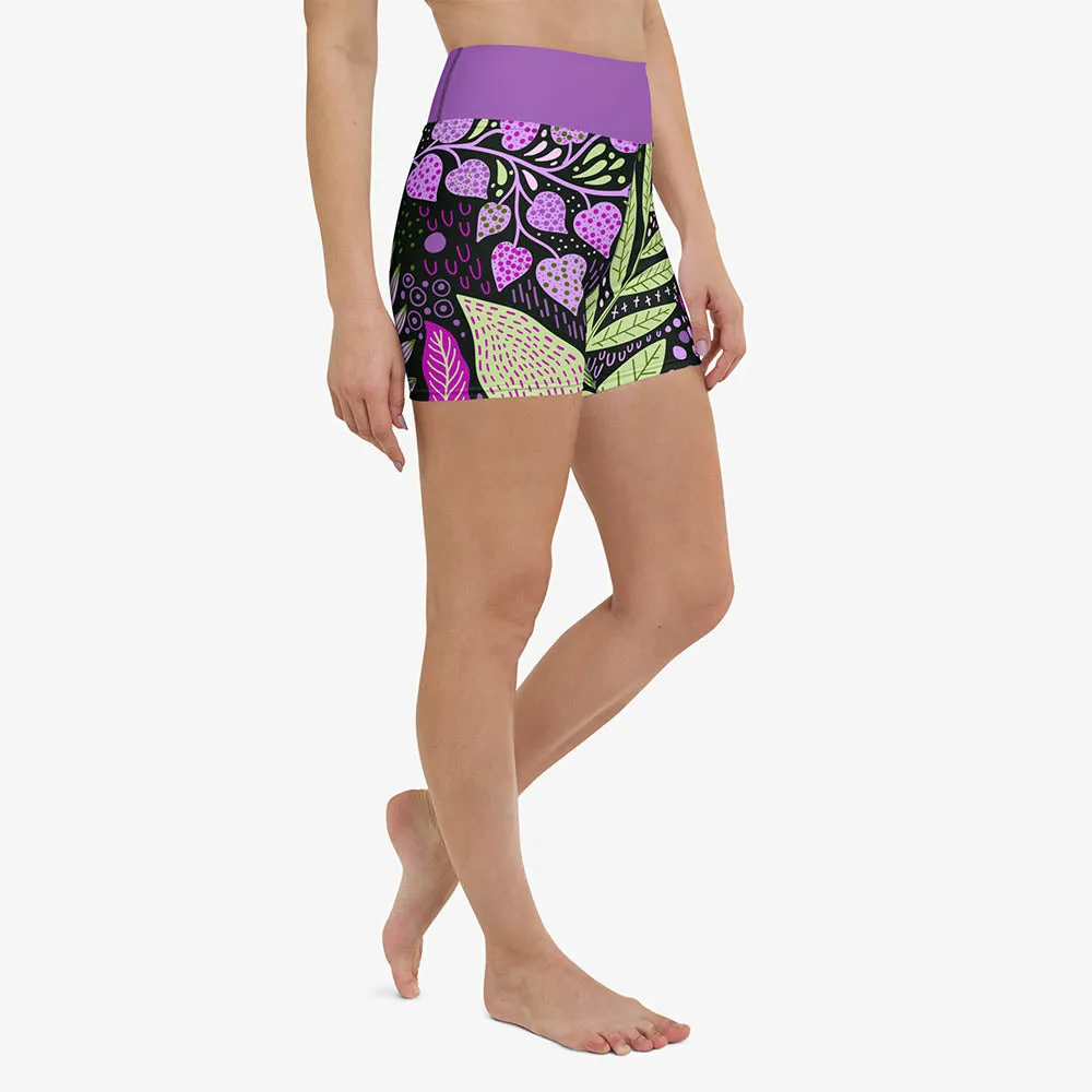 Floral Yoga Shorts "Fairy Forest" Purple/Lime