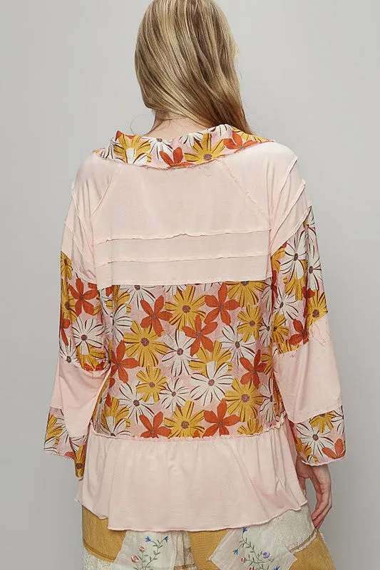 Frill Floral Johnny Collar Shirring Raglan Sleeve Shirt