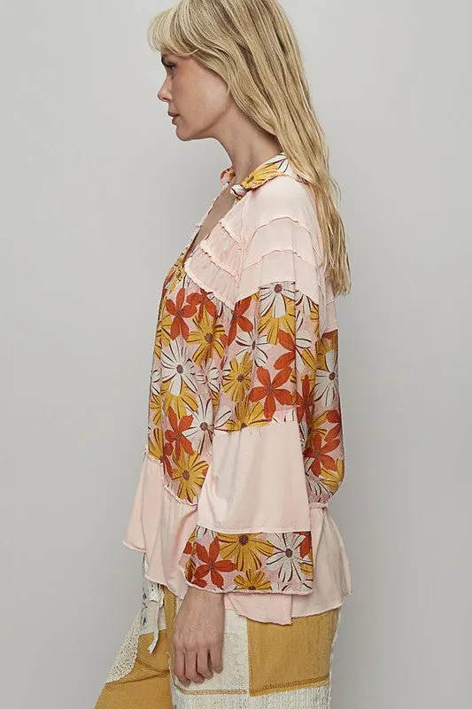 Frill Floral Johnny Collar Shirring Raglan Sleeve Shirt