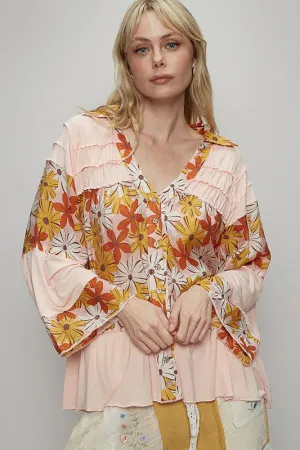 Frill Floral Johnny Collar Shirring Raglan Sleeve Shirt