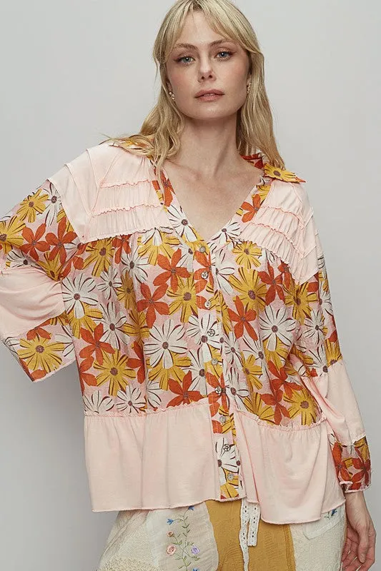 Frill Floral Johnny Collar Shirring Raglan Sleeve Shirt