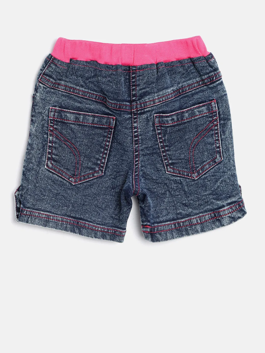 Girls Denim Shorts With Pink Waistband & Side Loop