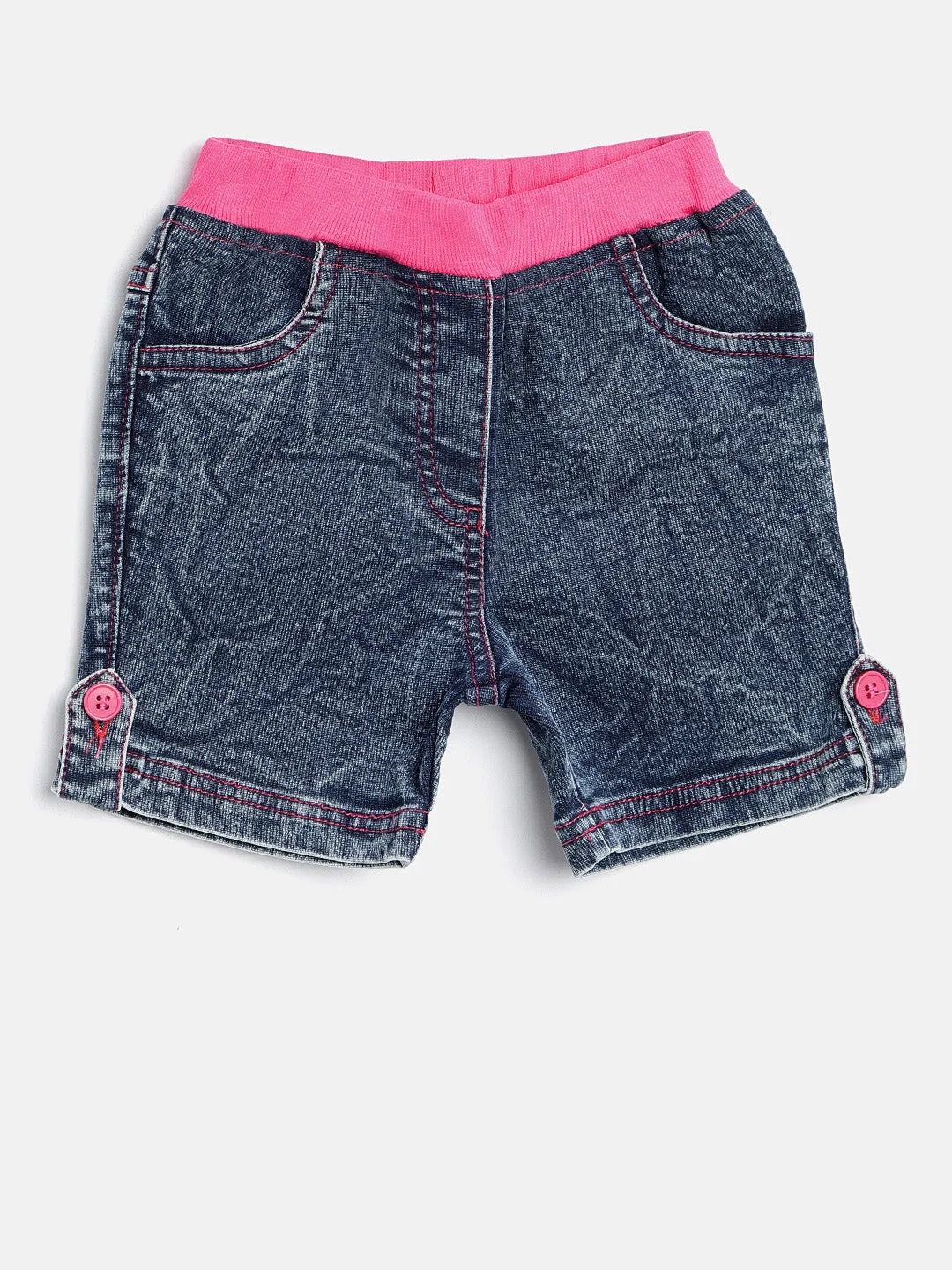 Girls Denim Shorts With Pink Waistband & Side Loop