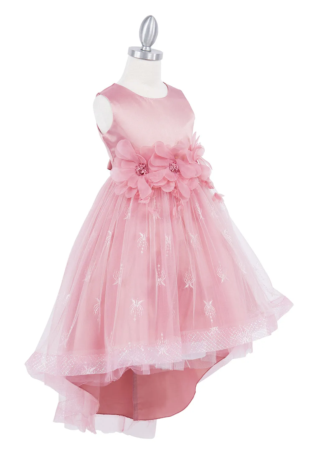 Girls Floral Waist Tapered Embroidered Lace High Low Flower Girl Dress 2-12