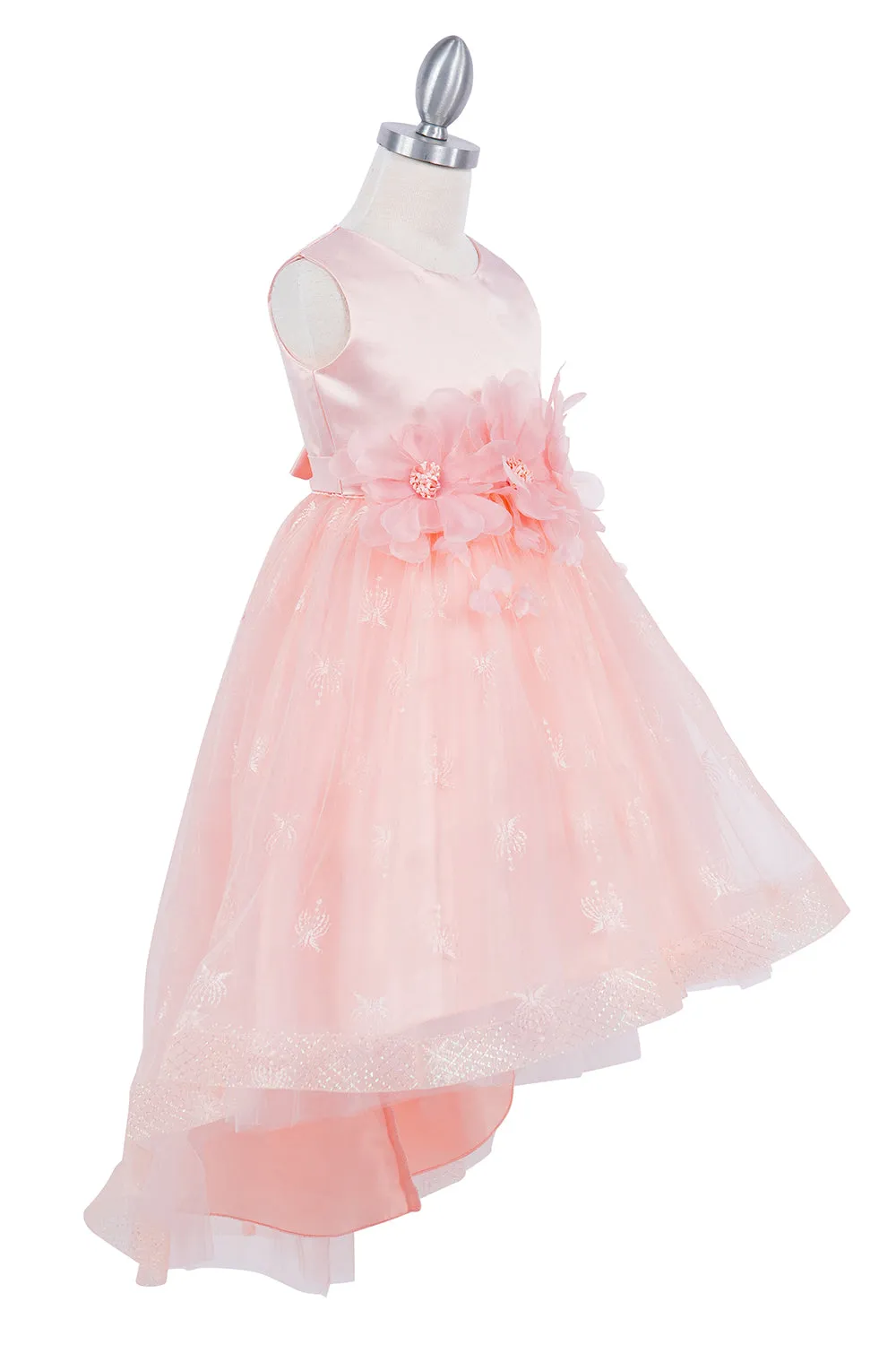 Girls Floral Waist Tapered Embroidered Lace High Low Flower Girl Dress 2-12
