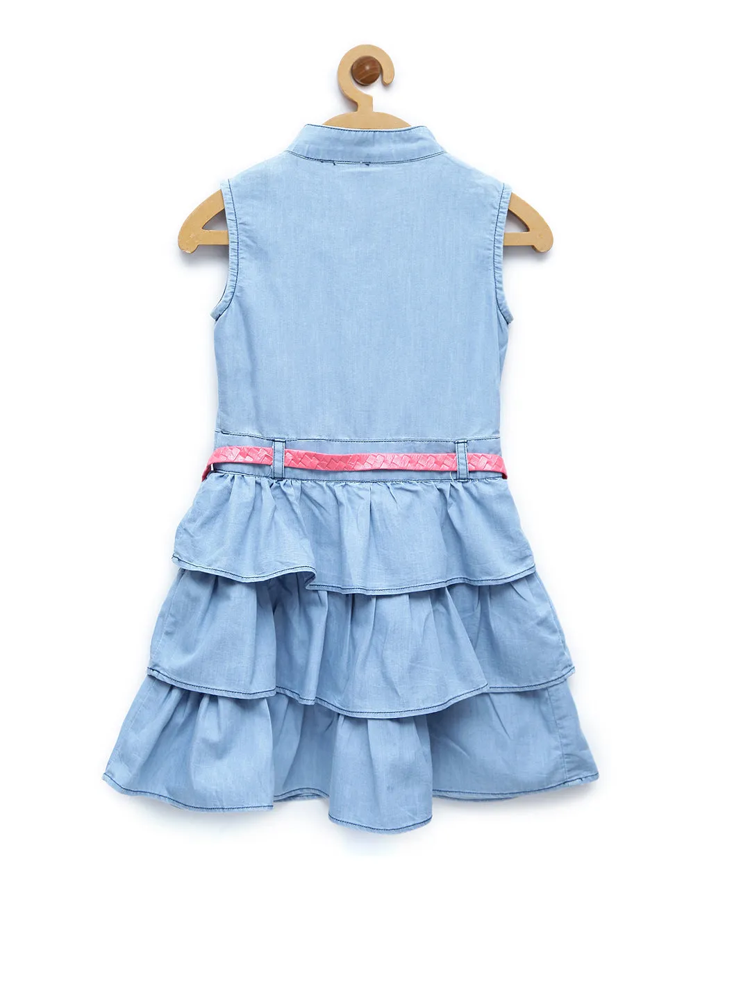 Girls Light Blue Denim Tiered Rose Patch Dress With Belt