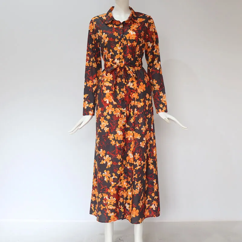 Graceful Long Sleeves V-neck Colorful Print Chiffon Long Dress