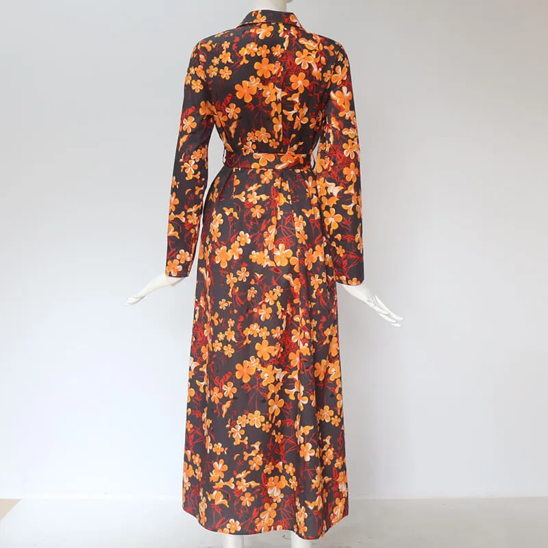 Graceful Long Sleeves V-neck Colorful Print Chiffon Long Dress