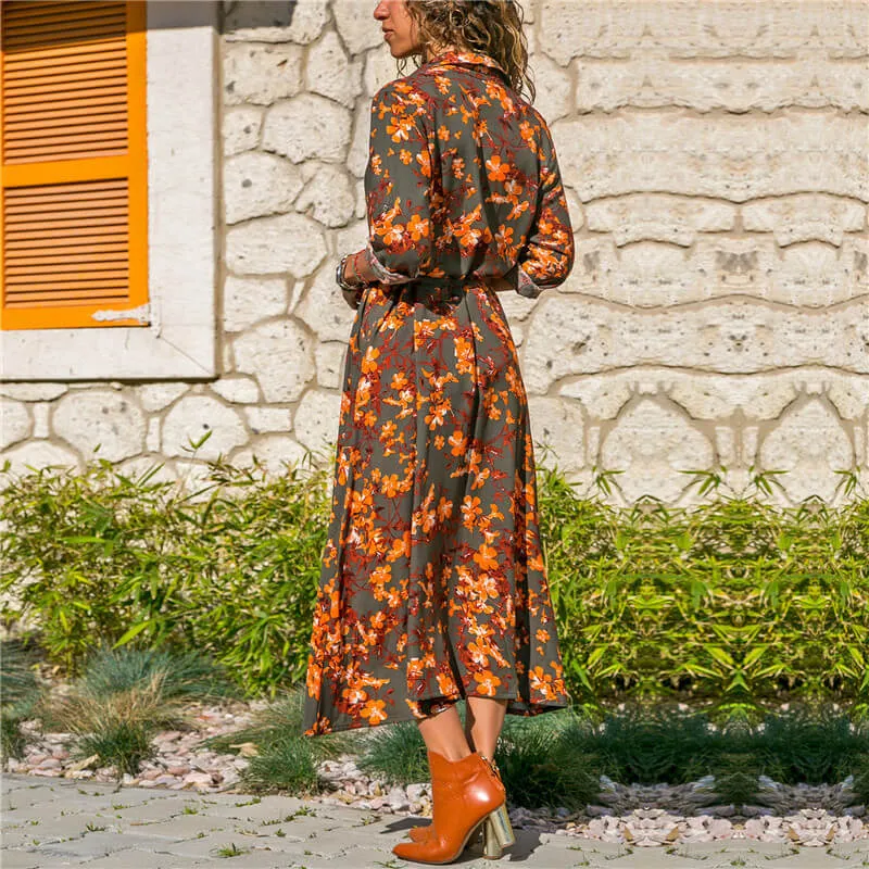 Graceful Long Sleeves V-neck Colorful Print Chiffon Long Dress