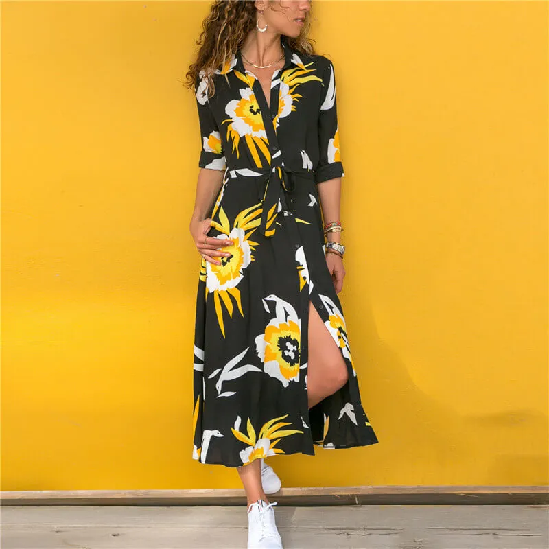 Graceful Long Sleeves V-neck Colorful Print Chiffon Long Dress