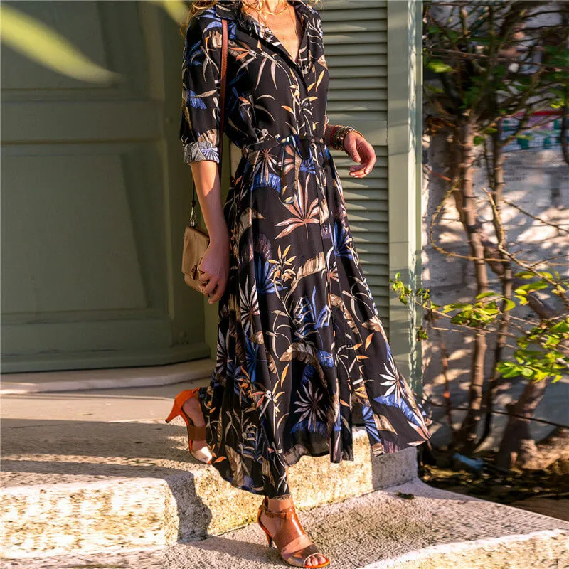Graceful Long Sleeves V-neck Colorful Print Chiffon Long Dress