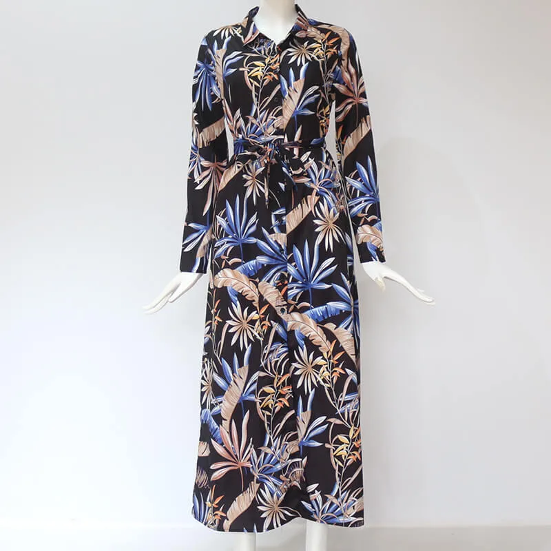 Graceful Long Sleeves V-neck Colorful Print Chiffon Long Dress
