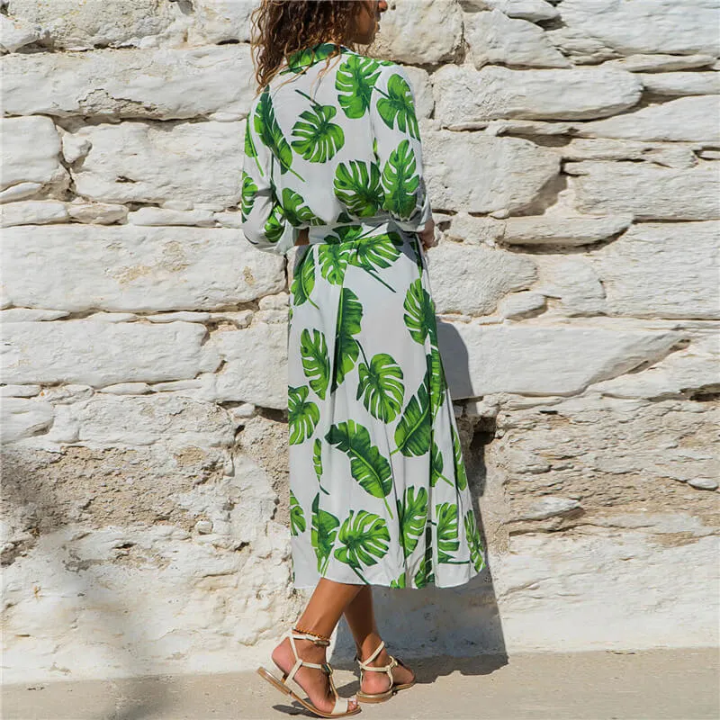 Graceful Long Sleeves V-neck Colorful Print Chiffon Long Dress