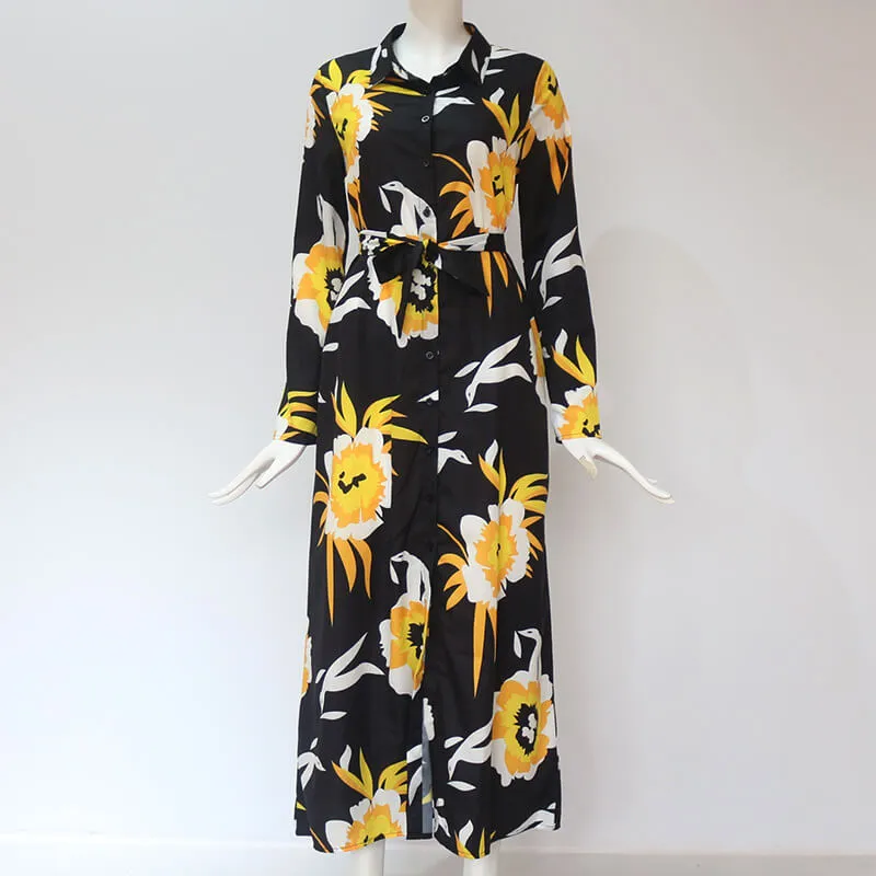 Graceful Long Sleeves V-neck Colorful Print Chiffon Long Dress