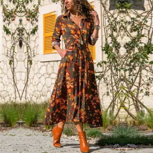 Graceful Long Sleeves V-neck Colorful Print Chiffon Long Dress