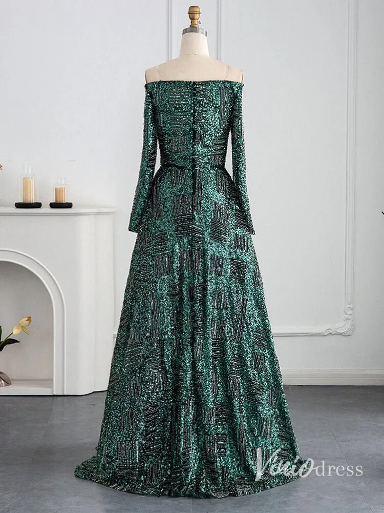 Green Beaded Evening Dresses Off the Shoulder Long Sleeve Formal Dress AD1164