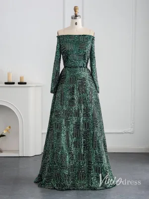Green Beaded Evening Dresses Off the Shoulder Long Sleeve Formal Dress AD1164