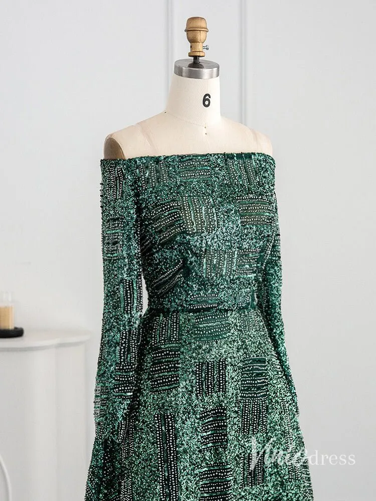 Green Beaded Evening Dresses Off the Shoulder Long Sleeve Formal Dress AD1164